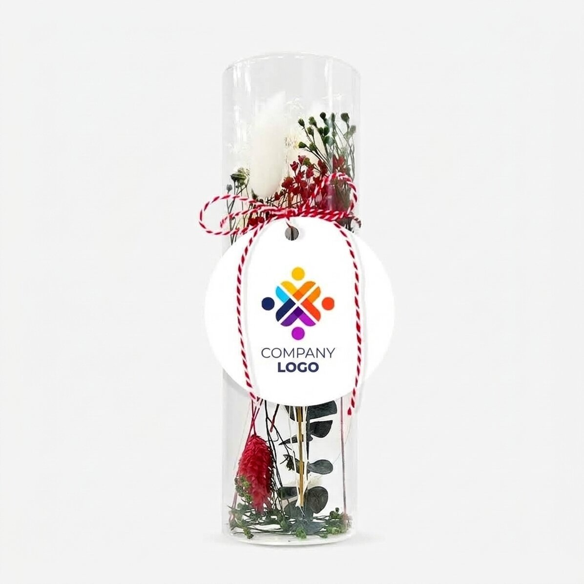 Skleněná ozdoba „martisor“ s konzervovanými květinami, personalizovaná logem