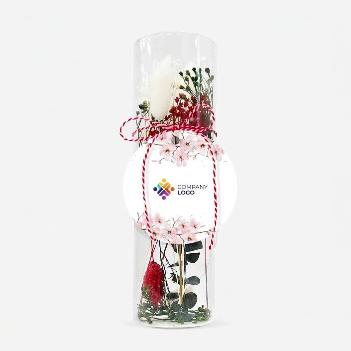 Skleněná ozdoba „martisor“ s konzervovanými květinami, personalizovaná logem – Květiny