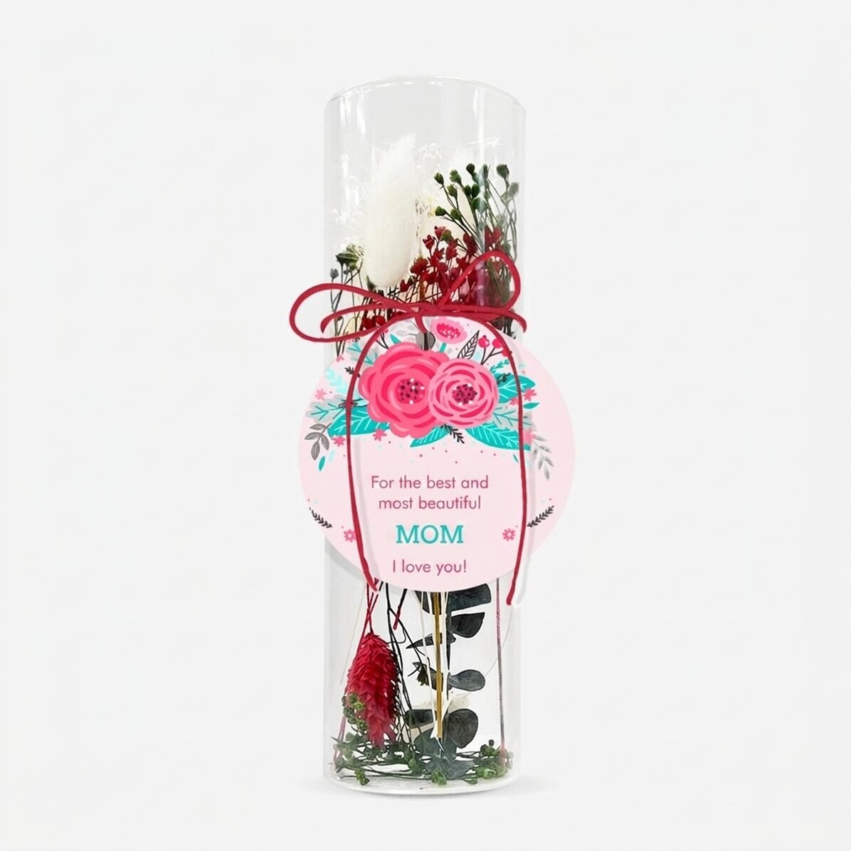 Skleněná dekorace s konzervovanými květinami, personalizovaná textem – Flowers