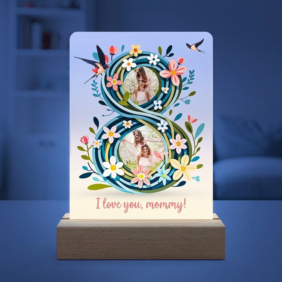 Personalizovaná LED noční lampička se 2 fotografiemi a textem – 8 květinový motiv