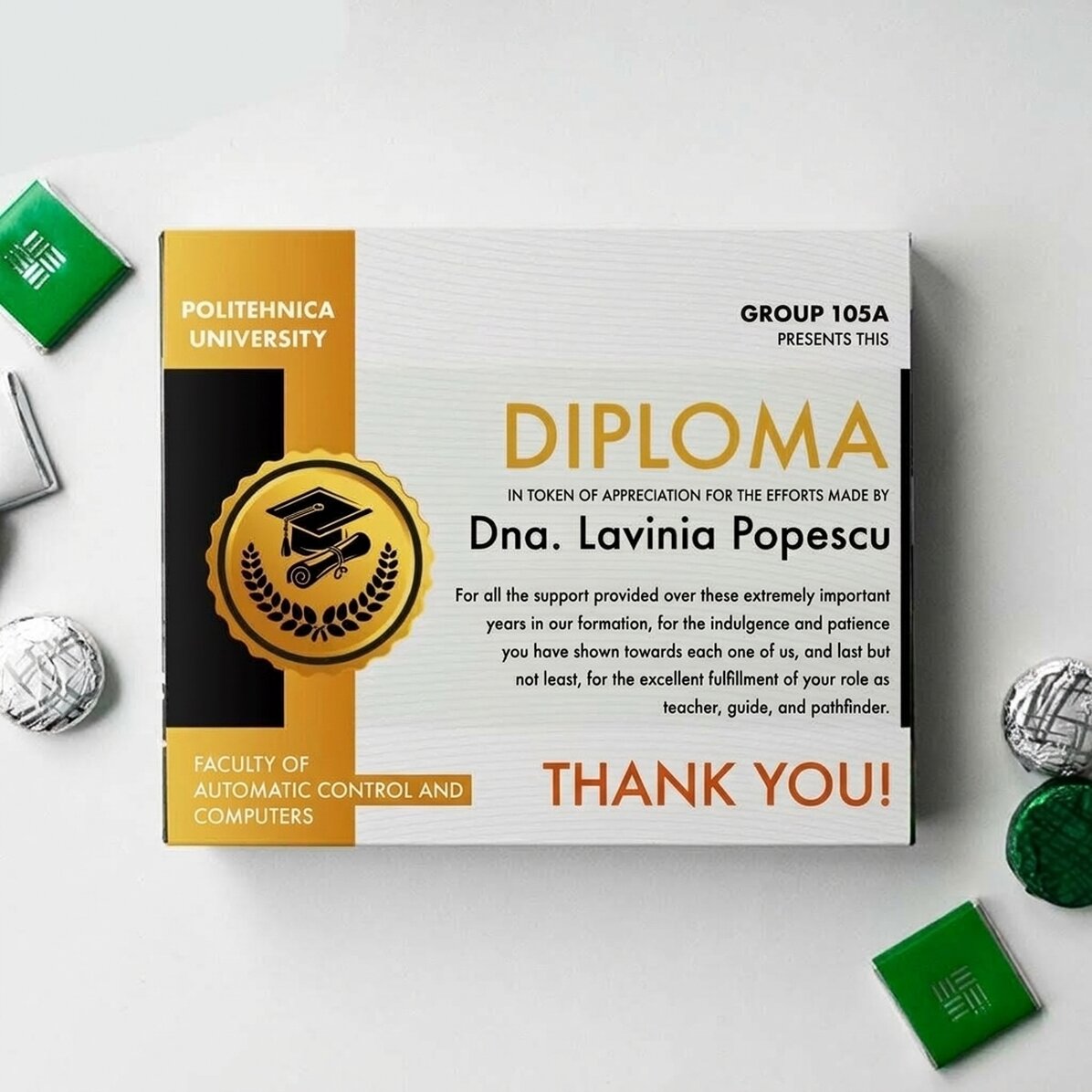 Personalizovaná krabička bonbónů s vzkazem – Dárkový certifikát pro učitele