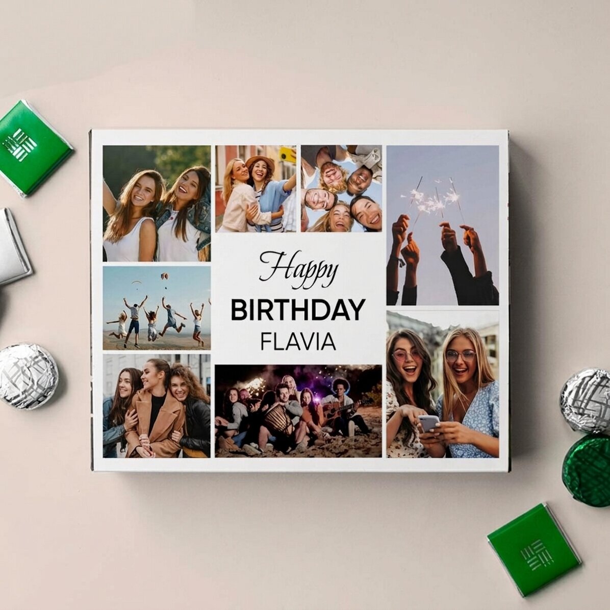 Personalizovaná krabička bonbónů s 8 fotografiemi a vzkazem – Happy Birthday!