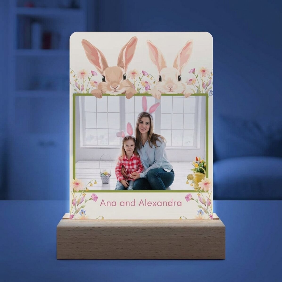 Personalizovaná LED noční lampička s fotografií a textem – Králíci