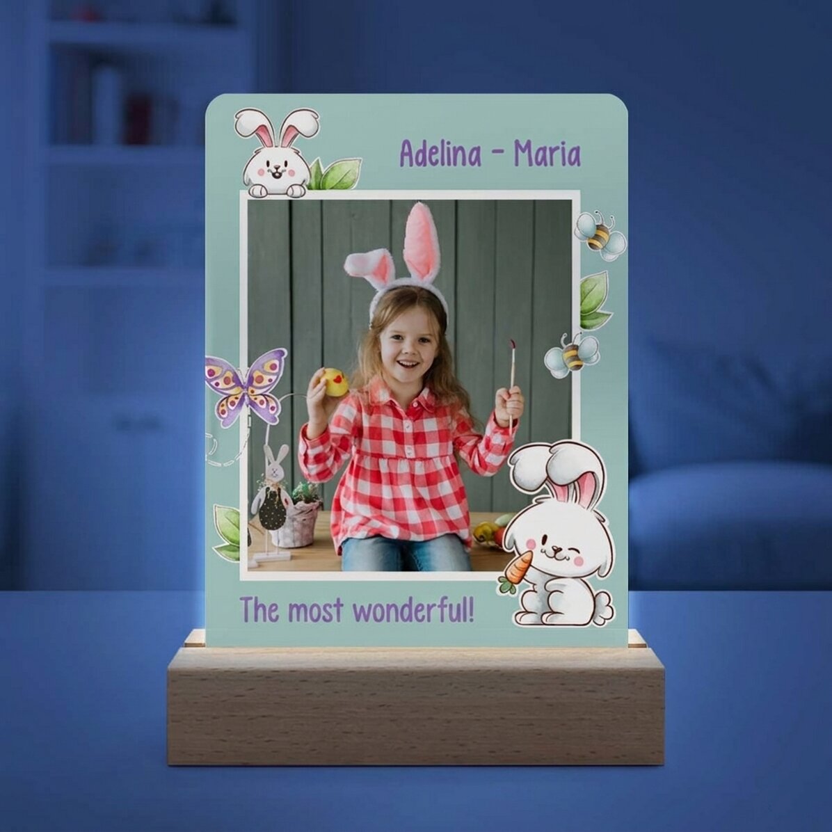 Personalizovaná LED noční lampička s fotografií a textem – Zajíček