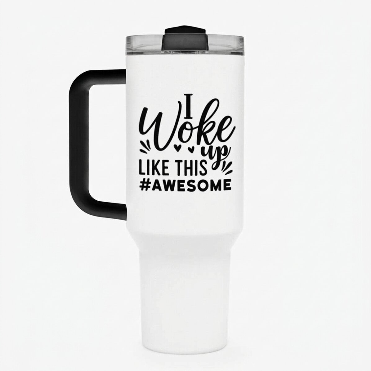 Termoska s uchem a brčkem, s vlastním nápisem – „Woke up like this“