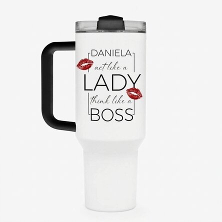 Termoska s uchem a brčkem, s vlastním textem – „Think like a lady, act like a boss“