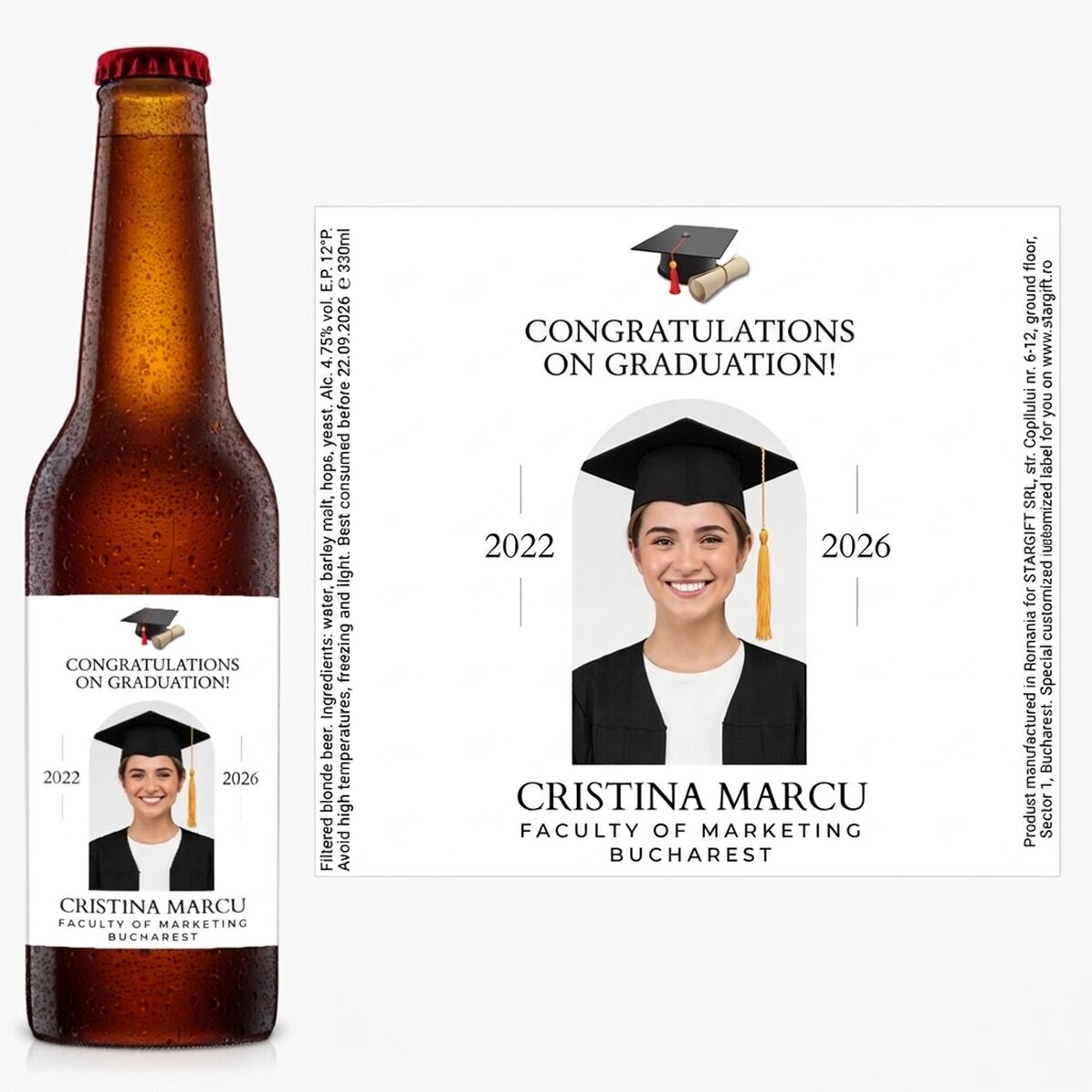 Pivo s vlastním vzkazem a fotografií – Promoce