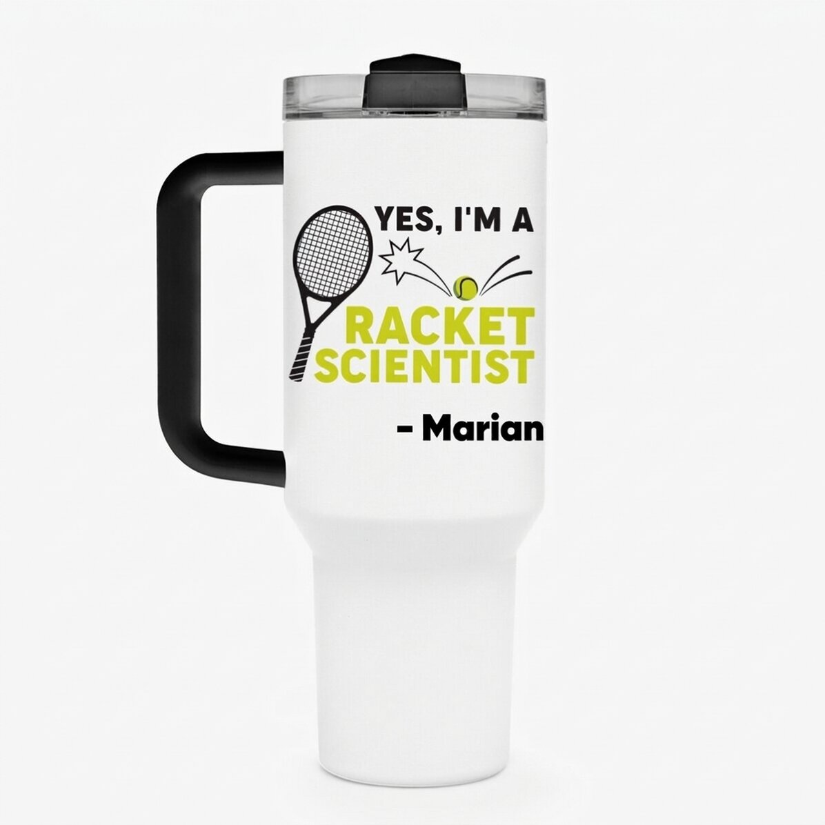 Termoska s uchem a brčkem, s vlastním textem – Racket scientist