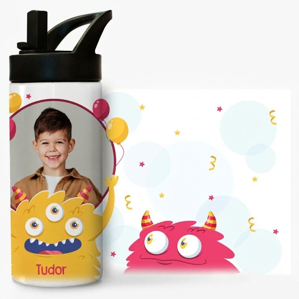 Termoska s rukojetí a brčkem, personalizovaná fotografií a jménem – Den dětí