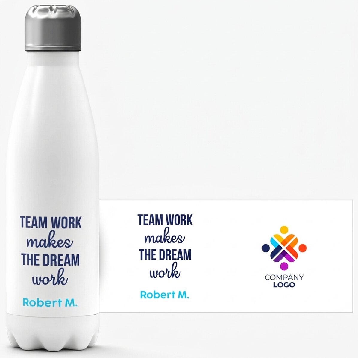 Termoska s bílou základnou, s potiskem loga a nápisu – Team work