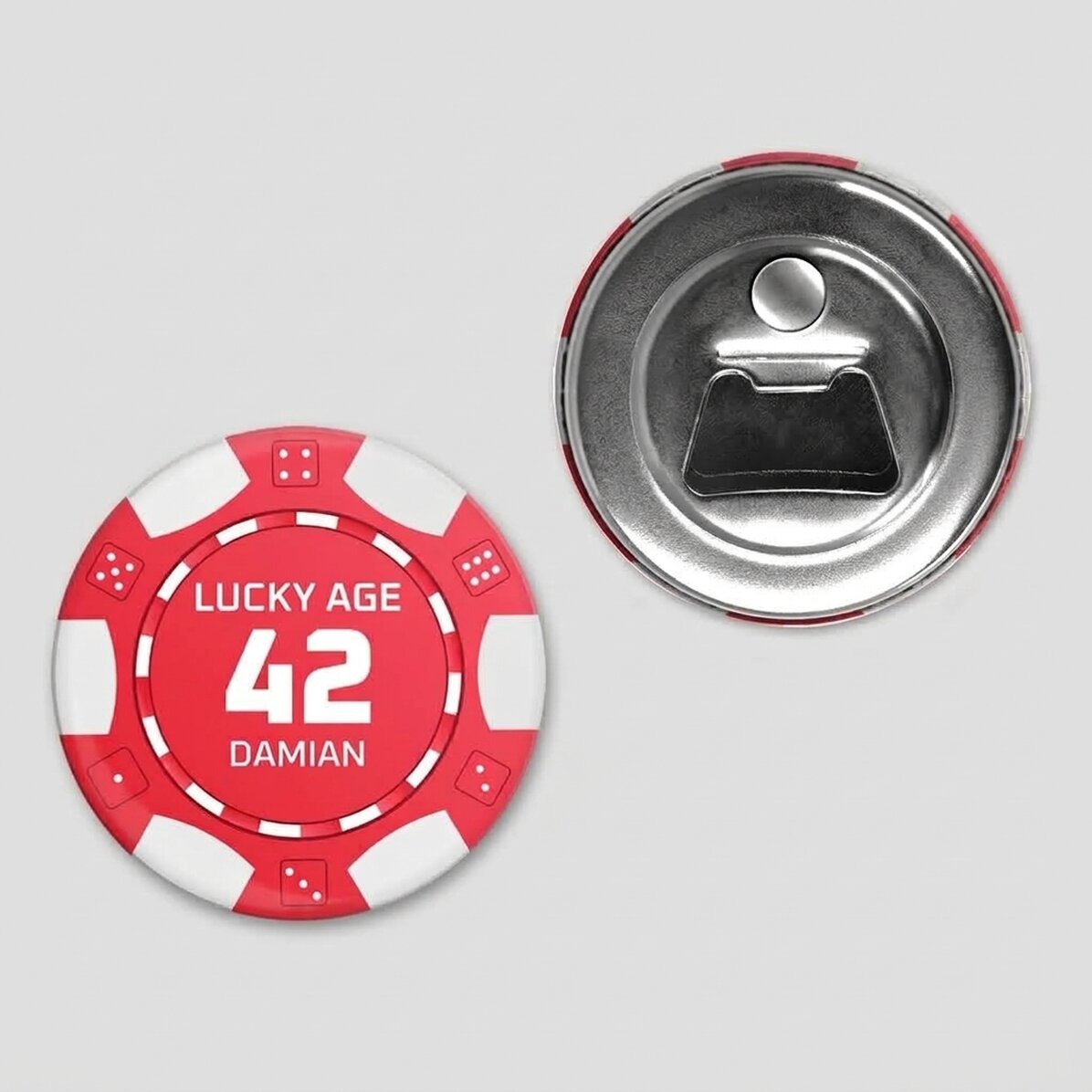 Láhevový otvírák s magnetem, personalizovaný s vlastním vzkazem – Poker Chip