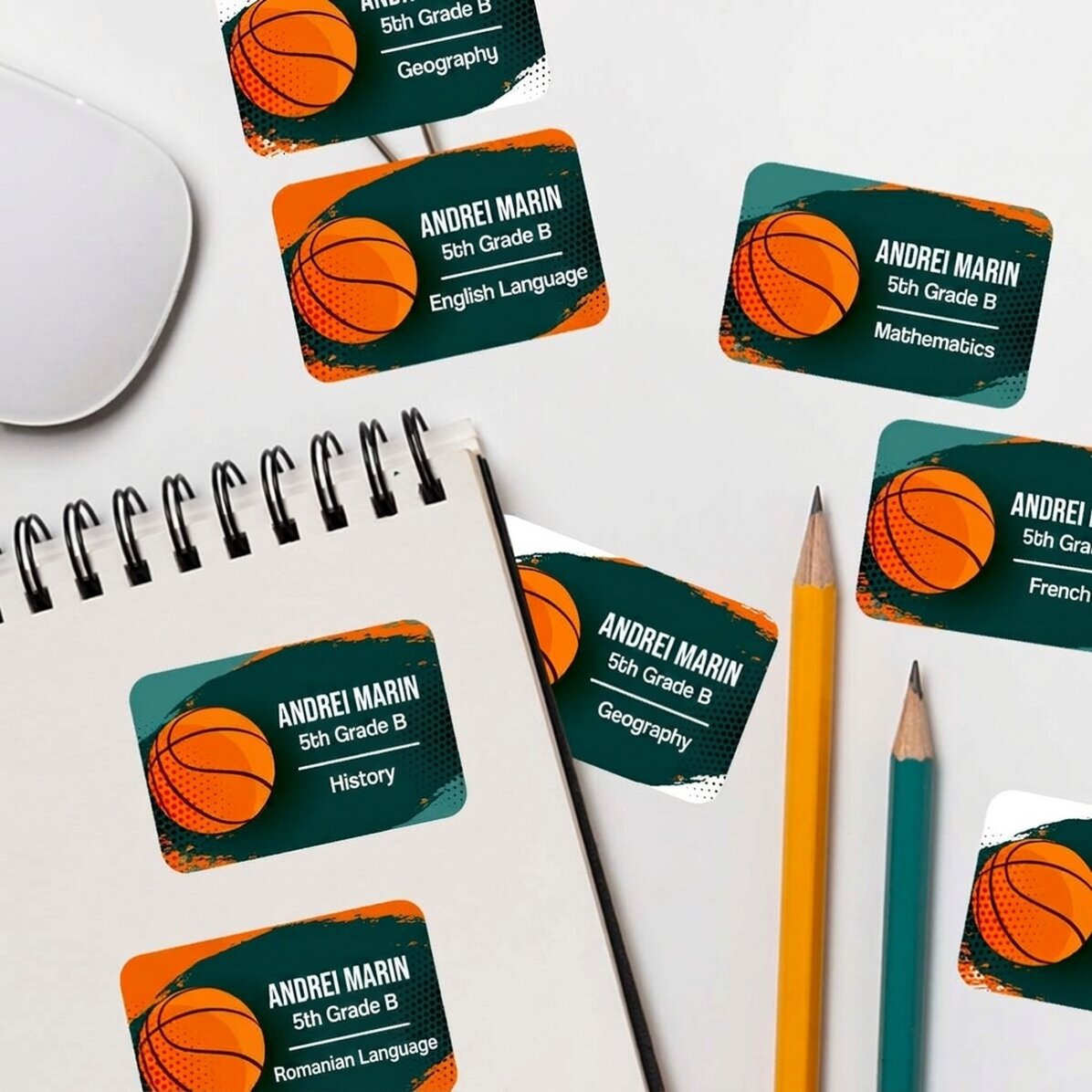 Sada 8 samolepek (samolepicích štítků) s vlastním motivem pro školu – Basketbal