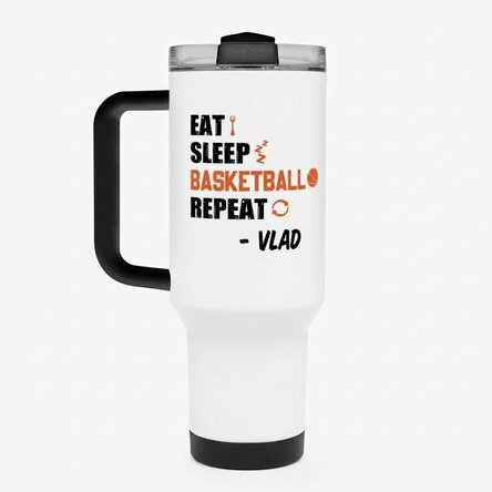 Thermos mug with handle and straw, personalised with name - Basketball