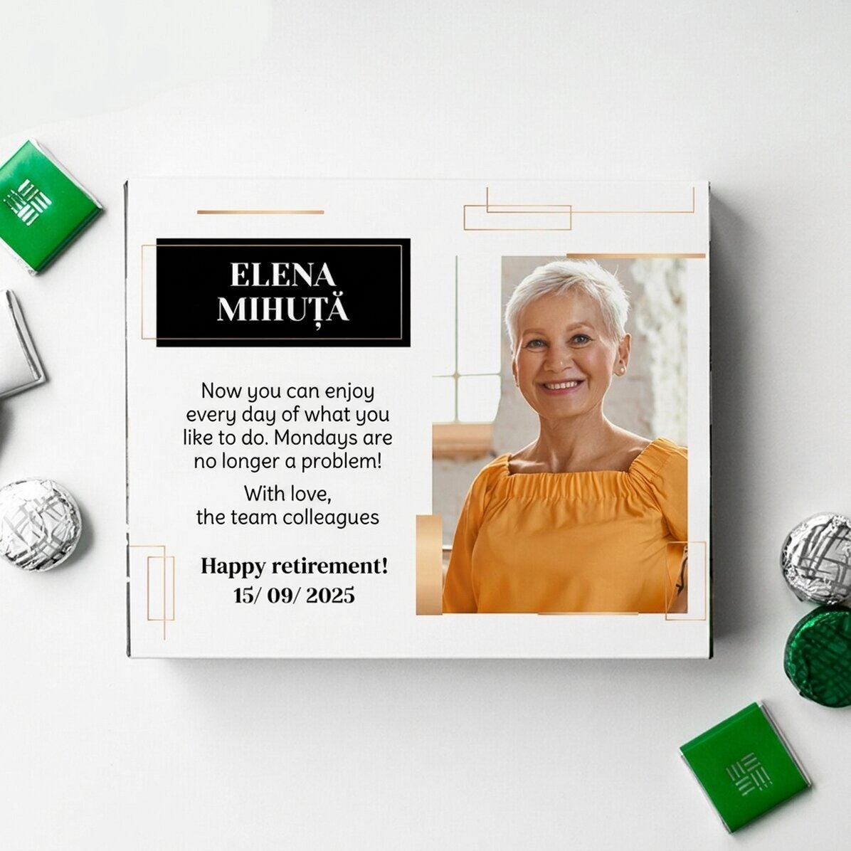 Personalizovaná krabička bonbónů s vzkazem a fotografií – Odchod do důchodu