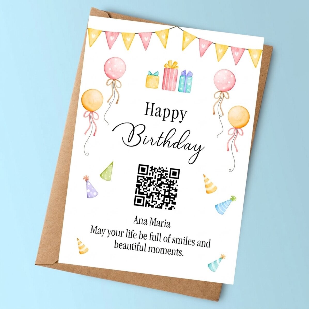 Personalizovaná karta s textem a QR kódem – Všechno nejlepší k narozeninám!