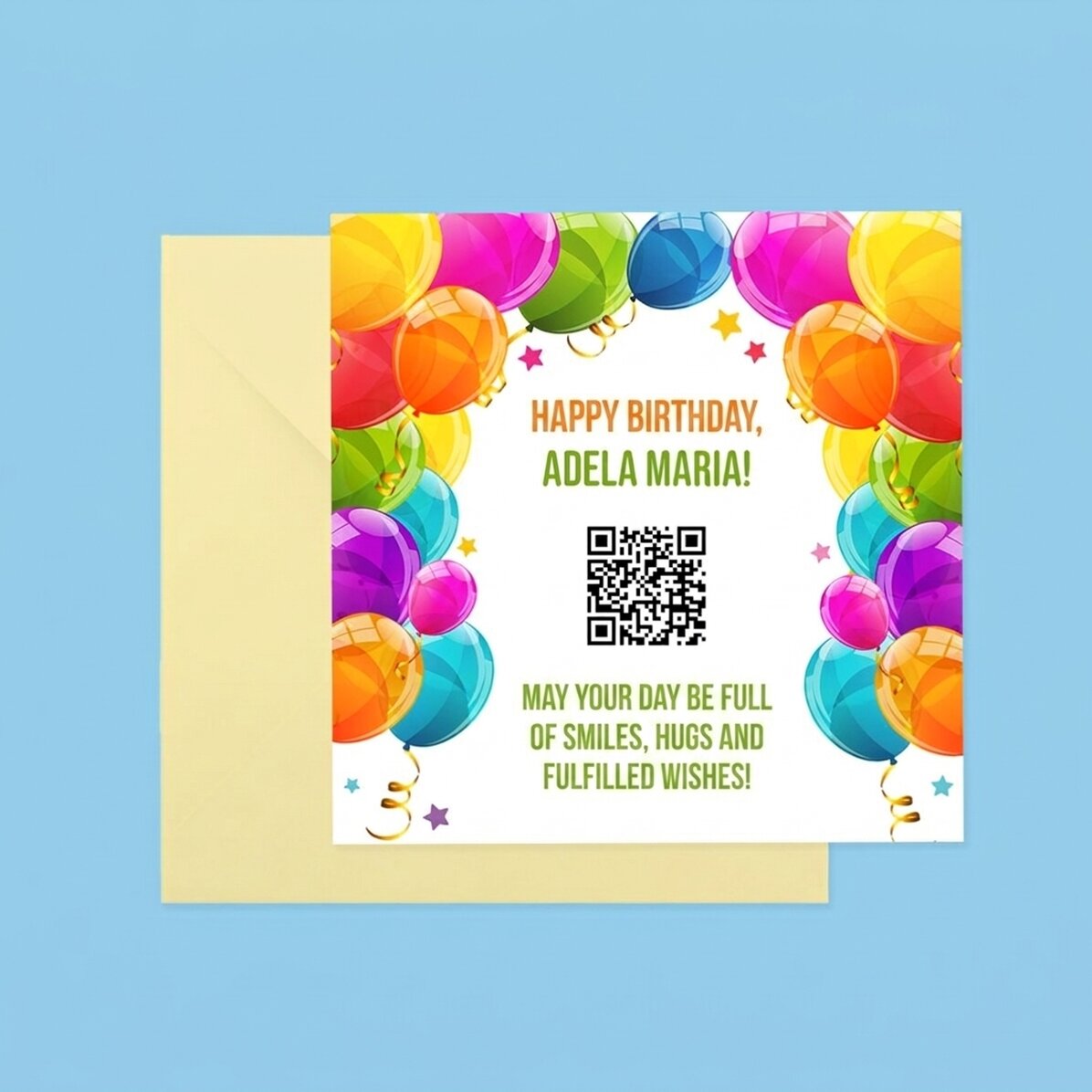 Osobní čtvercová kartička s textem a QR kódem – Všechno nejlepší k narozeninám!