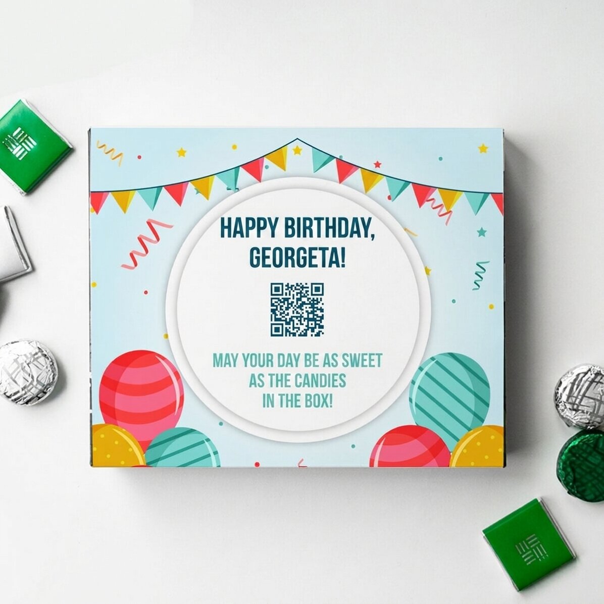 Personalizovaná krabička bonbónů s vzkazem a QR kódem – Všechno nejlepší k narozeninám!
