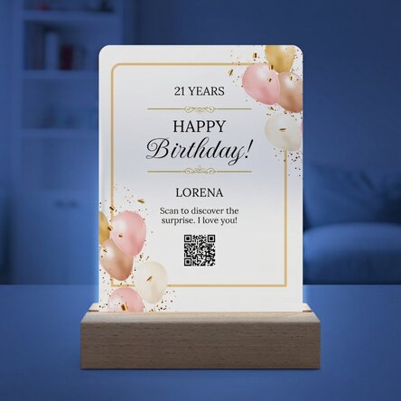 Personalizovaná LED noční lampička s vzkazem a QR kódem – Narozeniny