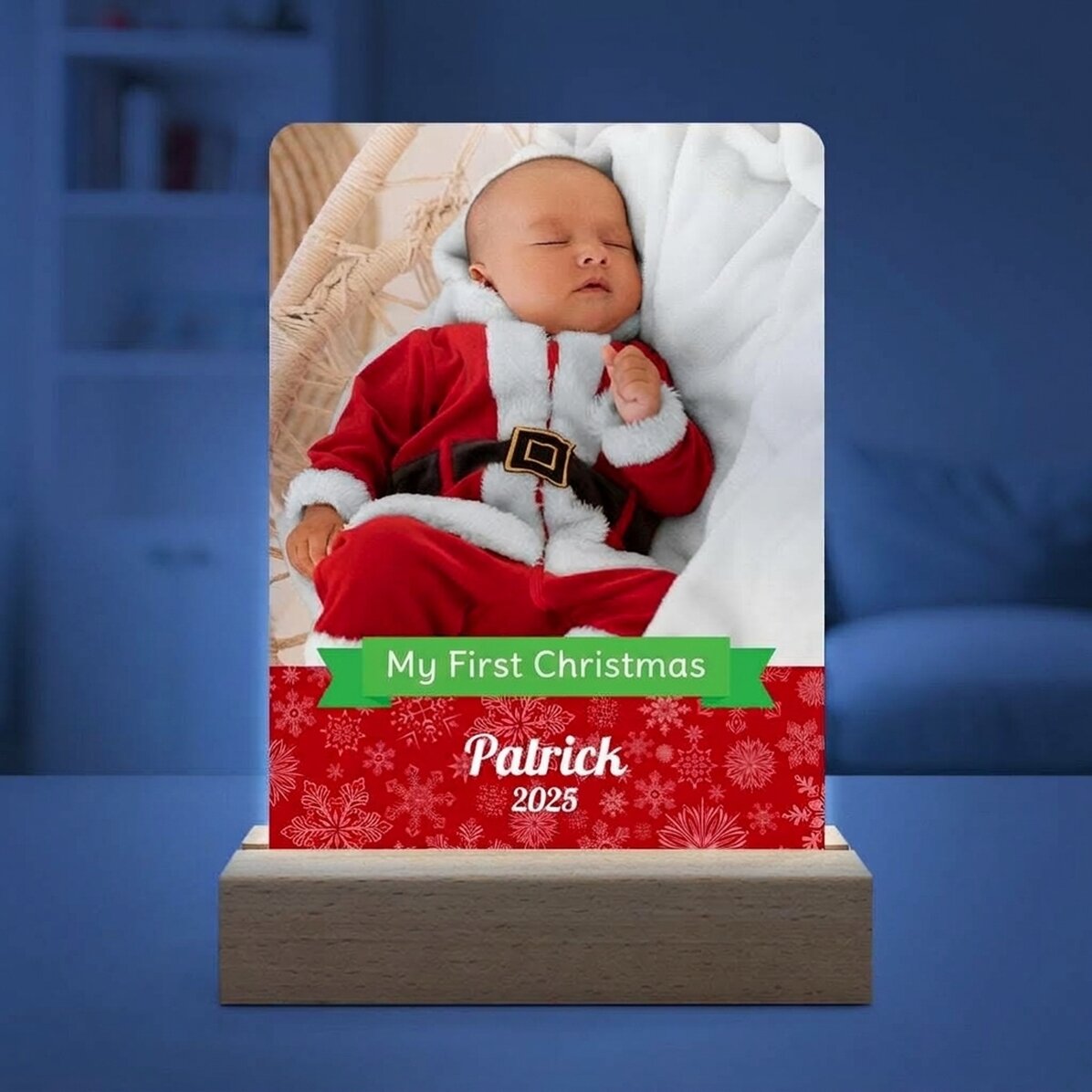 Personalizovaná LED noční lampička s fotografií a textem – Moje první Vánoce