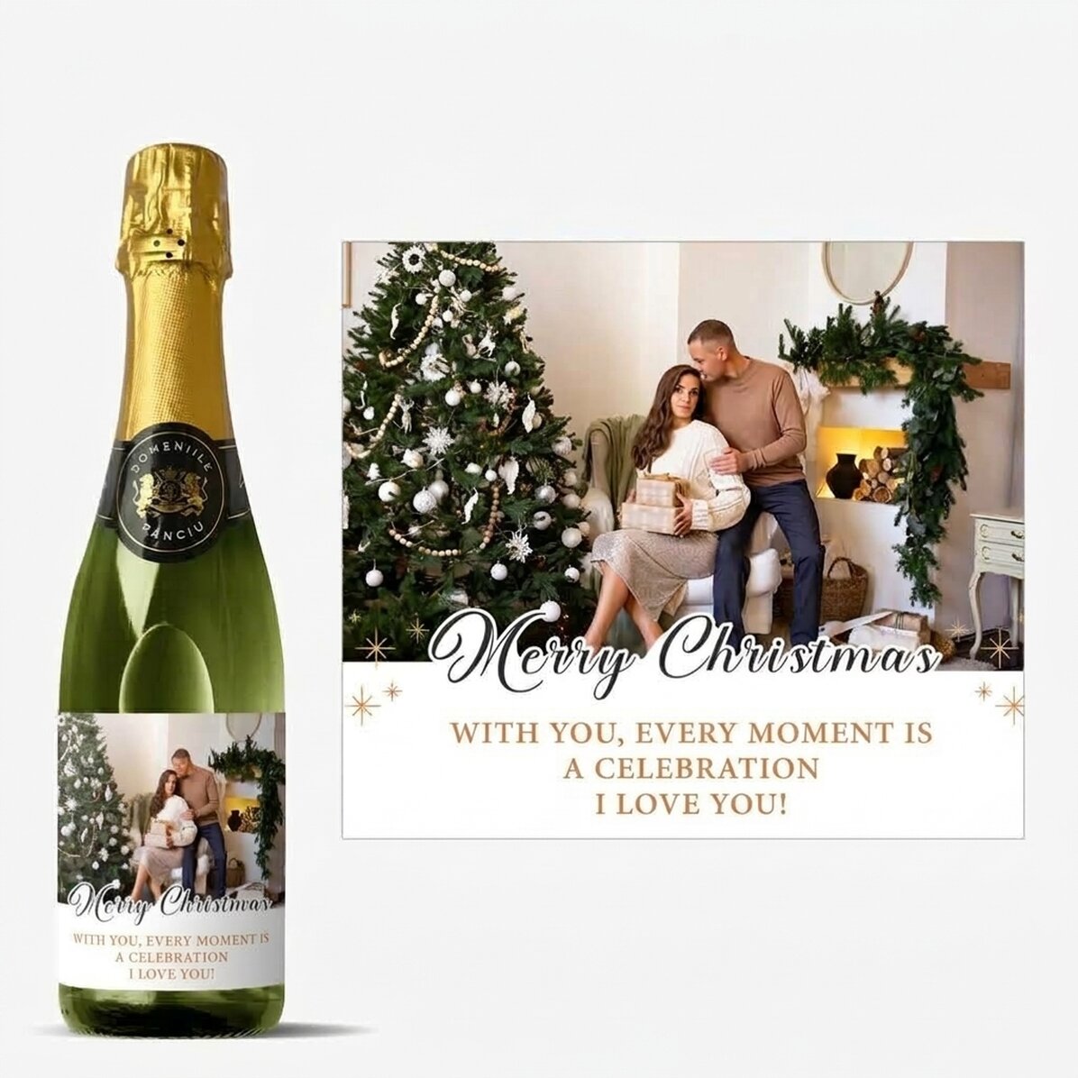 Středně velká láhev šumivého vína s vlastním textem a fotografií – Merry Christmas