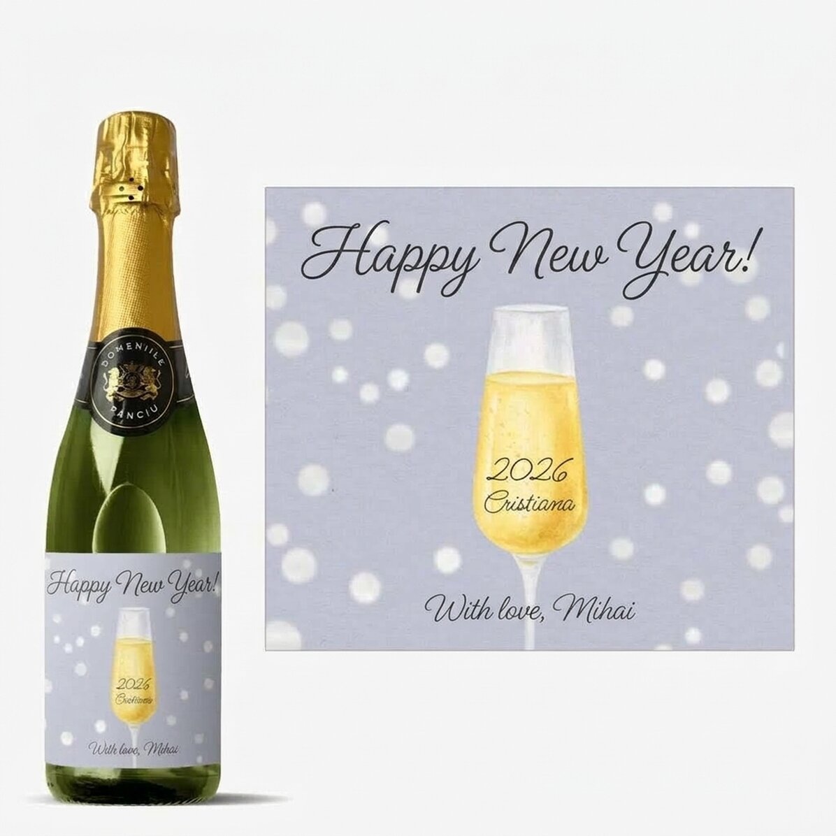 Středně velká sklenice na šumivé víno s vlastním textem – Champagne Glass