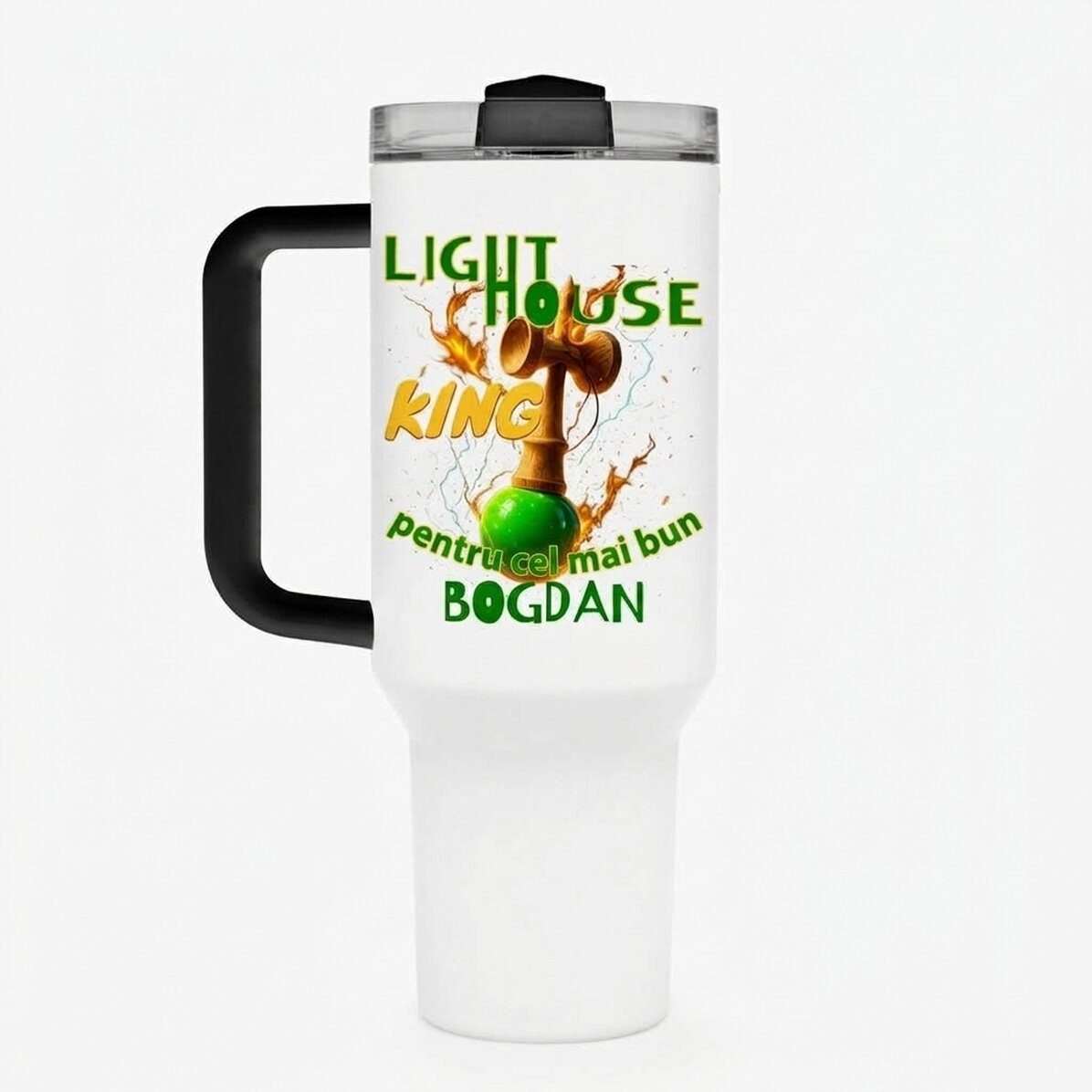 Termoska s uchem a brčkem, s osobním jménem – Lighthouse King