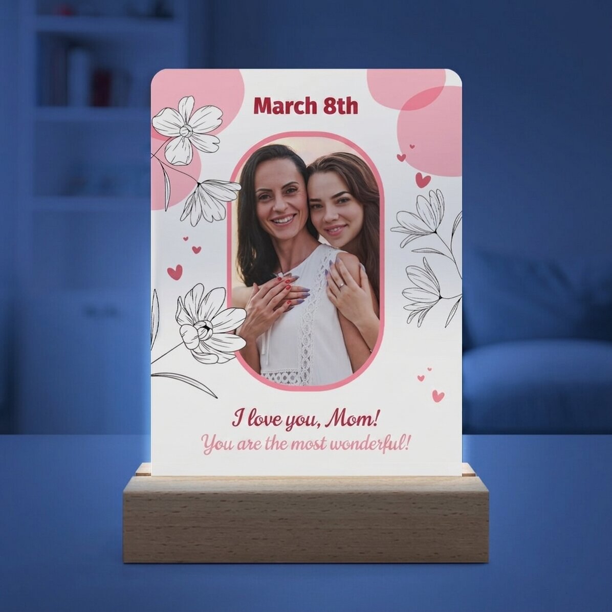 Personalizovaná LED noční lampička s fotografií a textem – Floral
