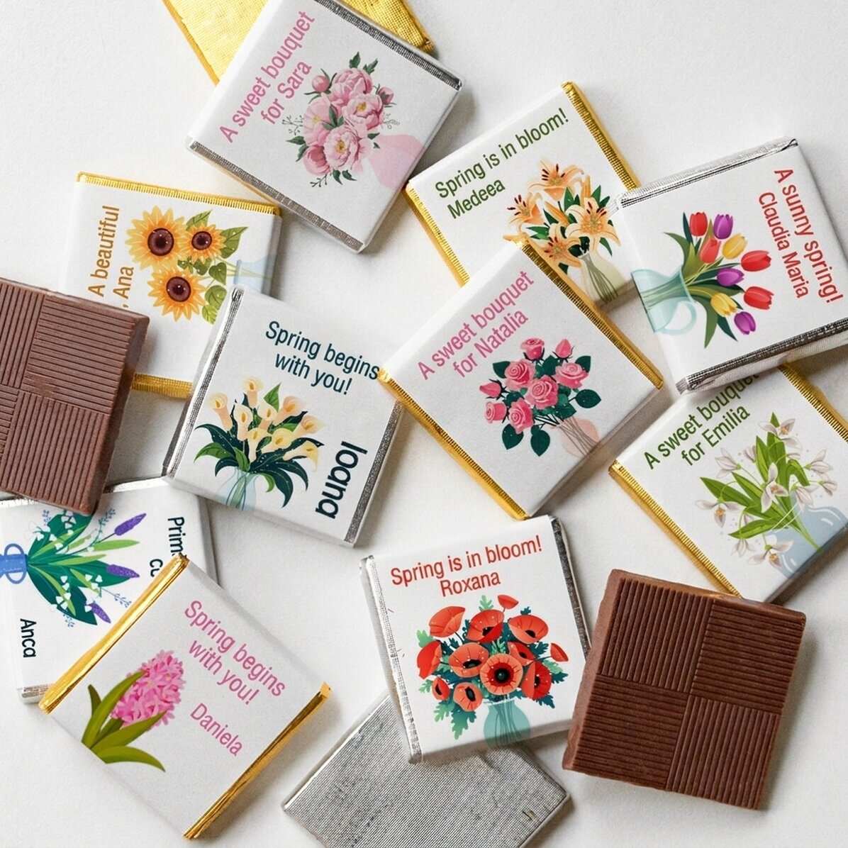 Sada 10 mini čokolád s vlastním textem – Flowers