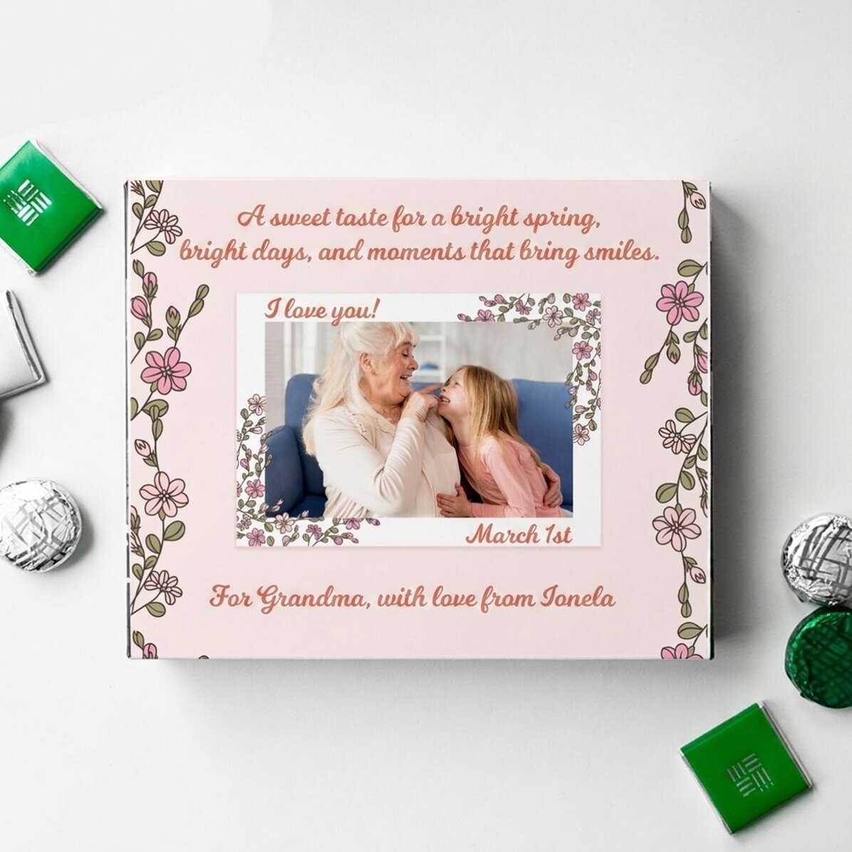 Krabička bonbónů s vlastní fotografií a textem – Floricele
