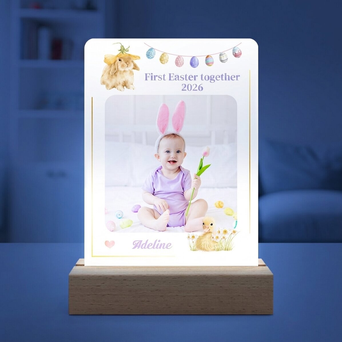 Personalizovaná LED noční lampička s fotografií a textem – První Velikonoce