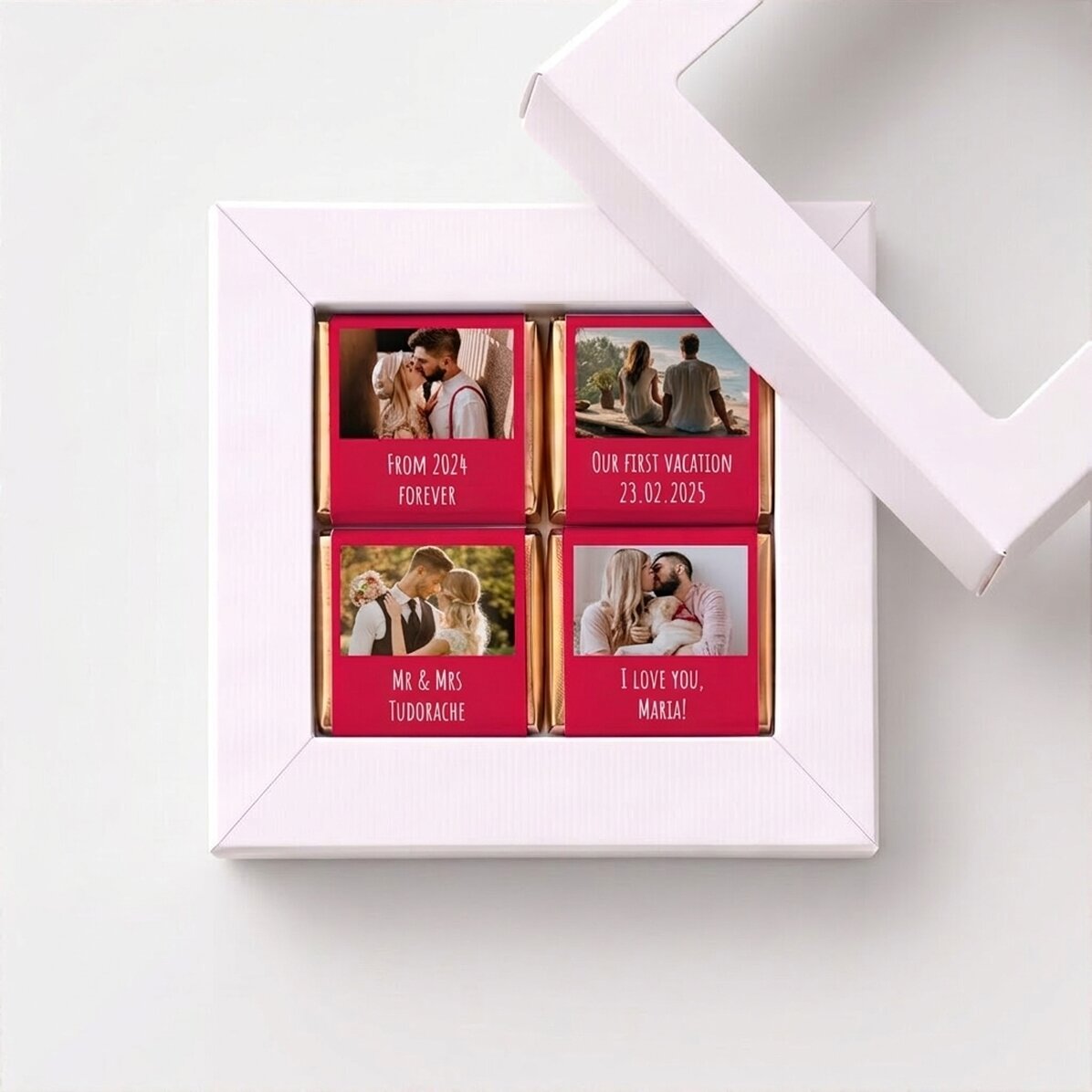 Dárková krabička se 4 mini čokoládkami s vlastními fotografiemi a vzkazem