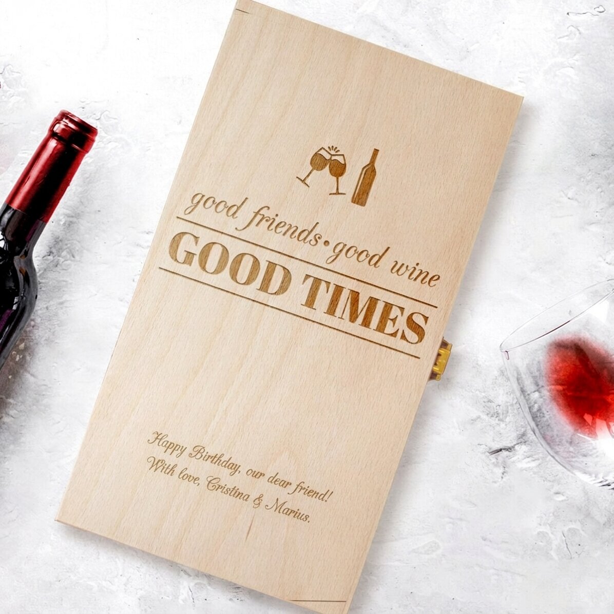 Personalizovaná krabička na víno pro dvě láhve – Good Friends, Good Wine, Good Times