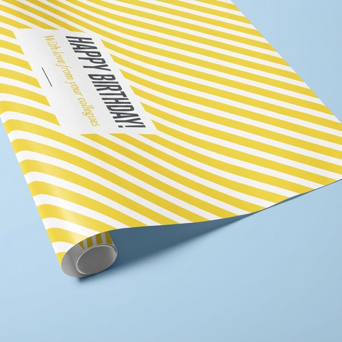 Personalizovaný balicí papír na dárky – vzor „yellow stripes“ s textem v rámečku