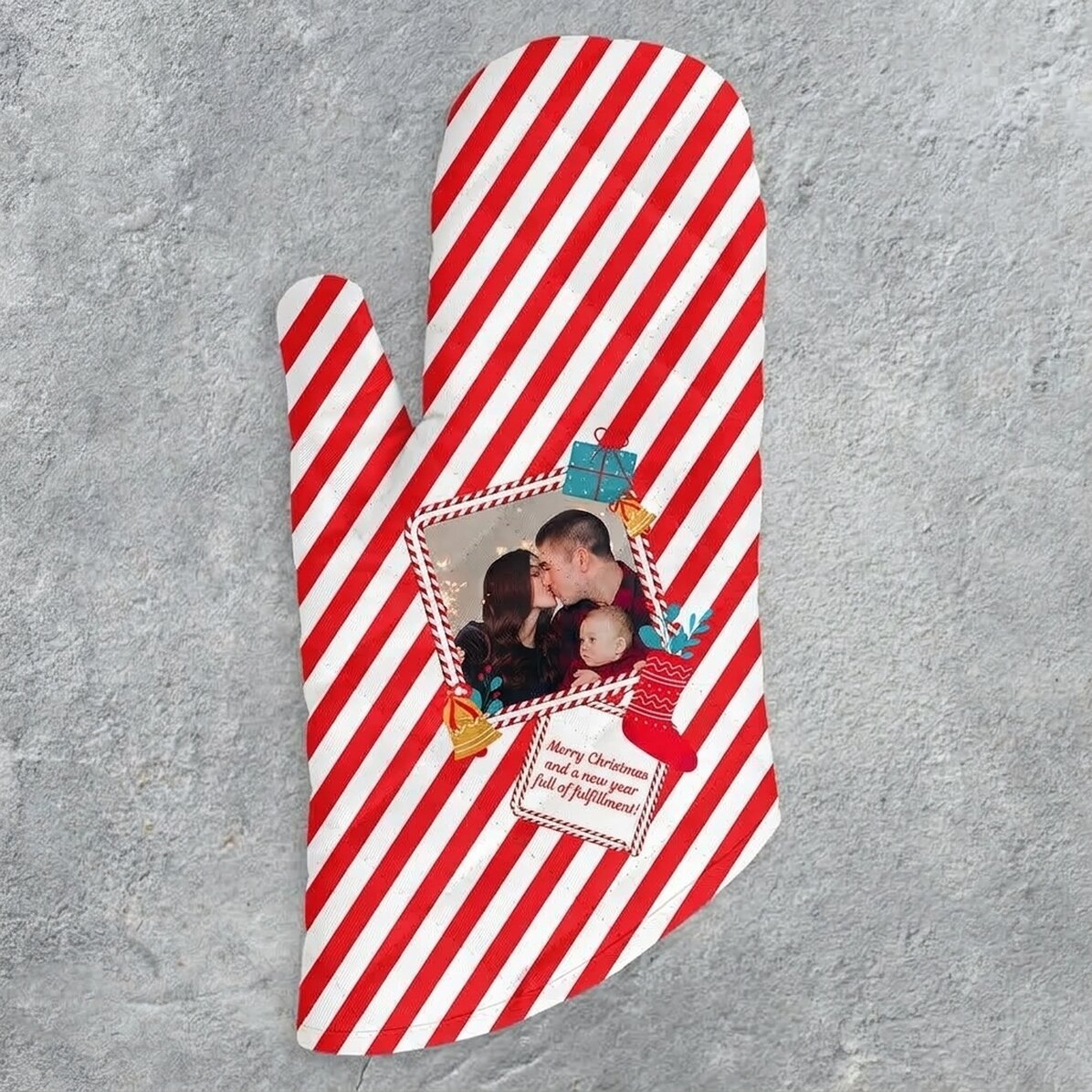 Kuchyňská rukavice s vlastní fotografií a textem – Candy Cane