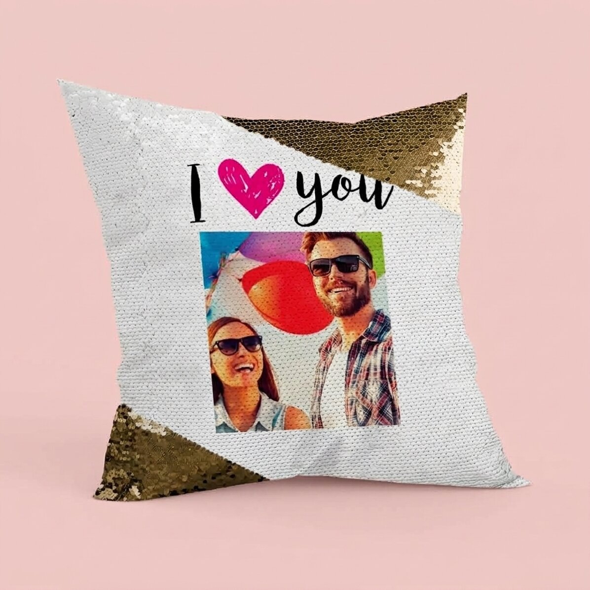 Osobně přizpůsobený polštář s flitry a fotografií – I love you