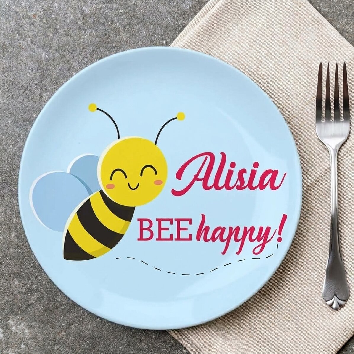 Talíř s vlastním nápisem – Bee happy!
