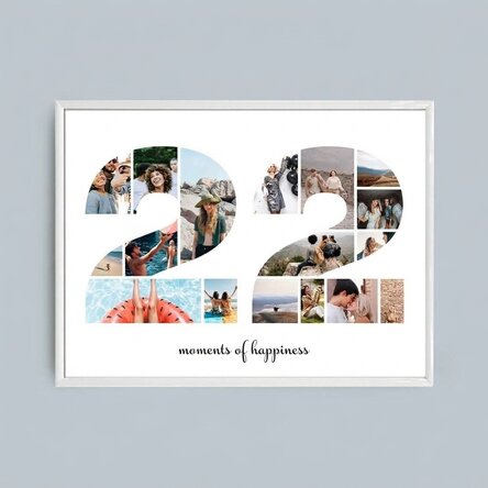Personalised landscape canvas with 17 photos, model number 22, and text message