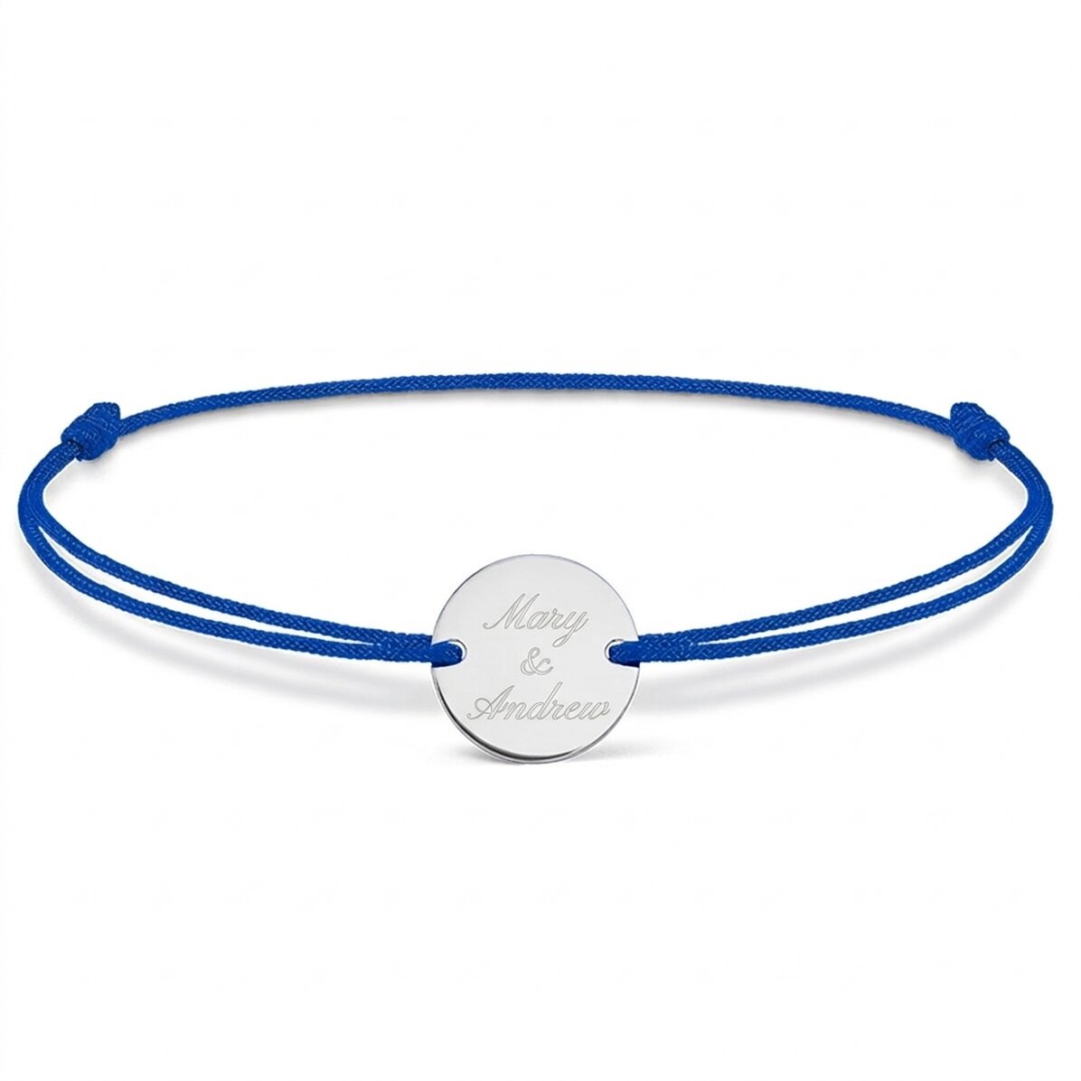 Personalizovaný náramek se šňůrkou – mince 14 mm – stříbro 925 – 2 jména