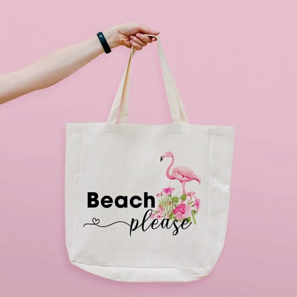 Plážová taška s vlastním textem – model „Beach please“ s motivem plameňáka