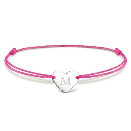 Personalised cord bracelet - heart 12x10 mm - 925 silver - initial model 4