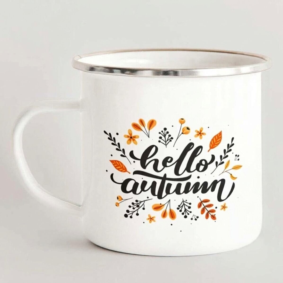 Smaltovaná kovová konvice s nápisem – hello autumn