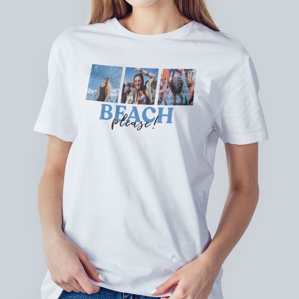 Bavlněné tričko s potiskem tří fotek a nápisem – Beach, please!